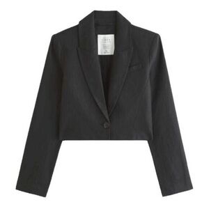 Abercrombie & Fitch Black Cropped Linen Blazer, Size M, Career, Shoulder Pads